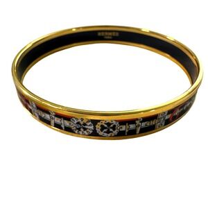 HERMES Paris Narrow Enamel Les Cles (keys & tassels) Bangle Bracelet Gold Plated